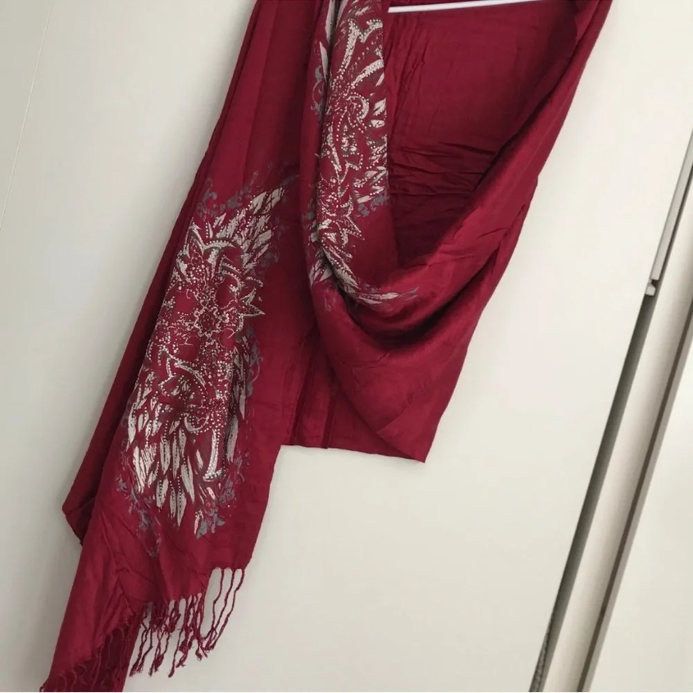 Embellished Wine Red Shawl with Silver Floral Design